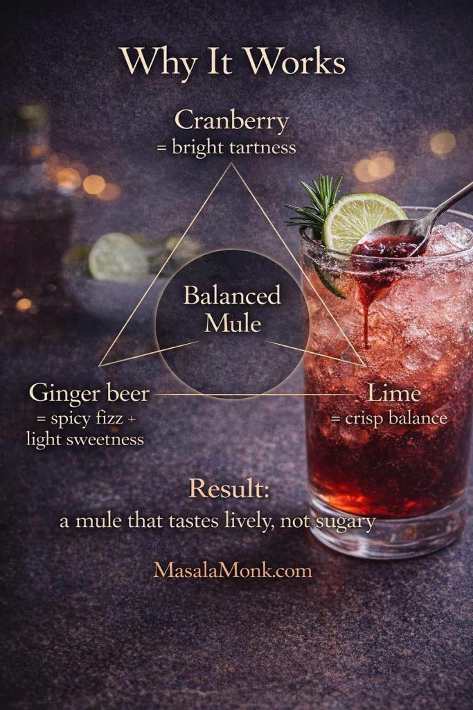 Infographic showing why ginger beer, cranberry juice, and lime create a balanced cranberry Moscow mule, highlighting tartness, spicy fizz, and crisp citrus balance.