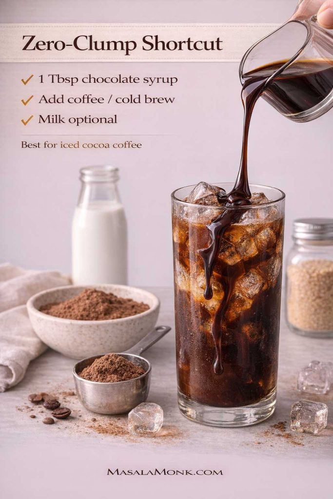 Zero-clump shortcut infographic showing chocolate syrup being poured into an iced coffee/cold brew glass with steps: 1 Tbsp chocolate syrup, add coffee or cold brew, milk optional.