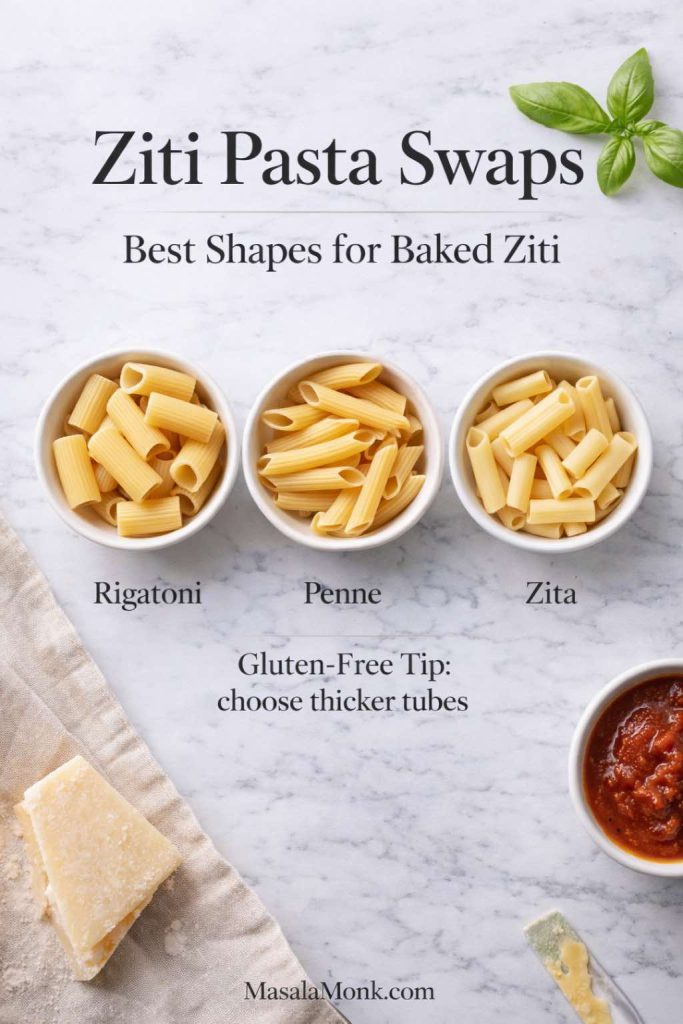 Ziti pasta swaps infographic showing rigatoni, penne, and zita as the best pasta shapes for baked ziti, with a gluten-free tip to choose thicker tubes.