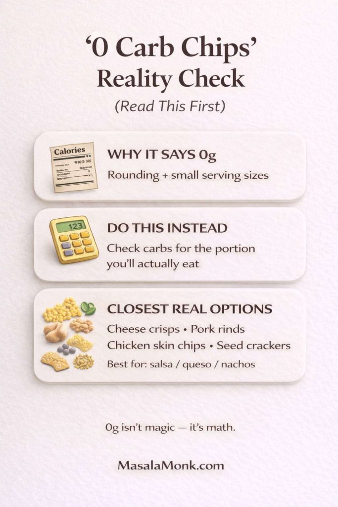 Infographic titled ‘0 Carb Chips Reality Check (Read This First)’ explaining why some snacks show 0g carbs (rounding and small serving sizes), what to do instead (check carbs for the portion you actually eat), and the closest real near-zero carb ‘chips’: cheese crisps, pork rinds, chicken skin chips, and seed crackers. MasalaMonk.com at bottom.