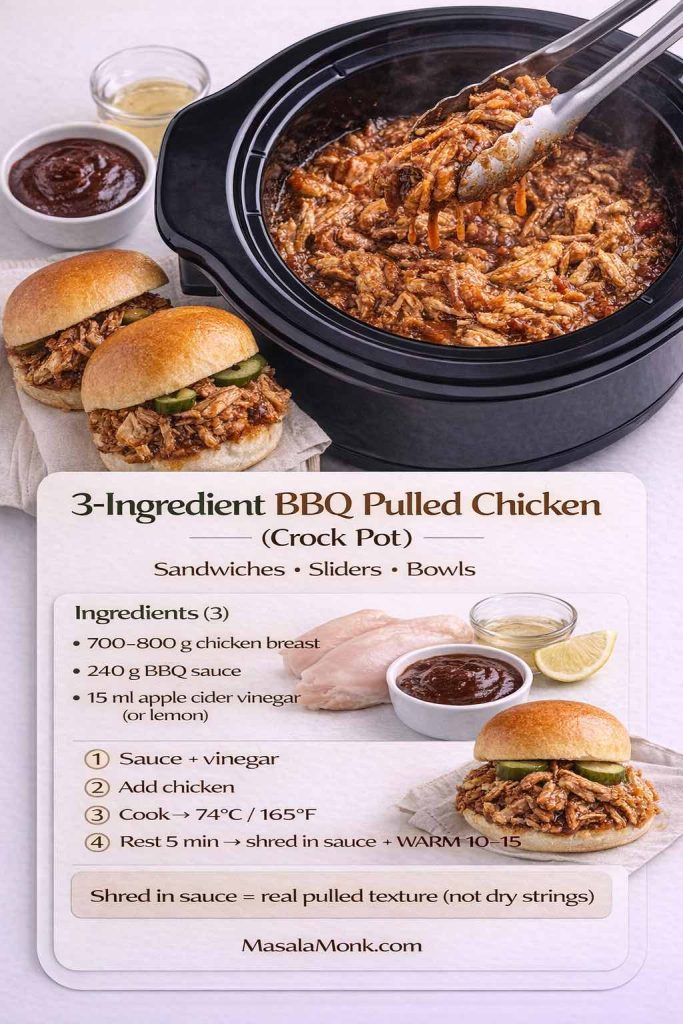 Vertical infographic for “3-Ingredient BBQ Pulled Chicken (Crock Pot)” showing shredded BBQ chicken inside a slow cooker with tongs and two pulled-chicken sliders. Text overlay lists ingredients (700–800 g chicken breast, 240 g BBQ sauce, 15 ml apple cider vinegar/lemon) and steps: cook to 74°C/165°F, rest 5 minutes, shred in sauce, then warm 10–15 minutes for glossy pulled texture. MasalaMonk.com branding appears in the footer.