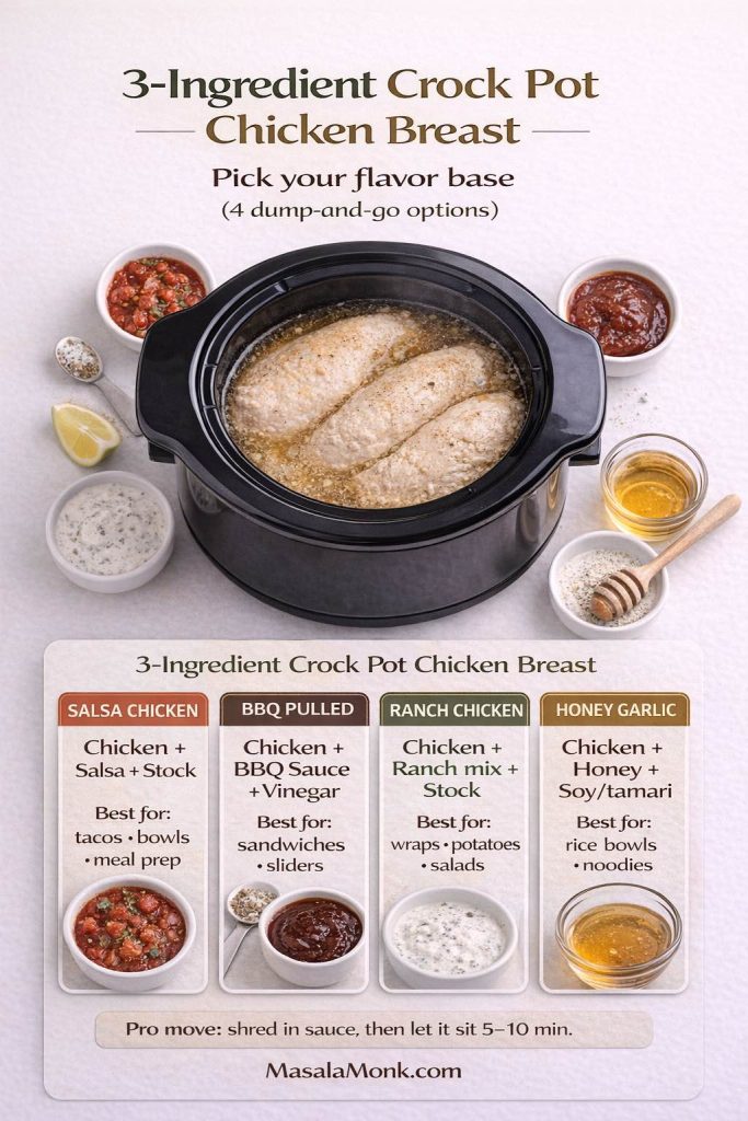 Vertical infographic titled “3-Ingredient Crock Pot Chicken Breast” with a top-down slow cooker photo showing chicken breasts in liquid. Below are four labeled flavor cards—Salsa Chicken (chicken + salsa + stock), BBQ Pulled (chicken + BBQ sauce + vinegar), Ranch Chicken (chicken + ranch mix + stock), and Honey Garlic (chicken + honey + soy/tamari)—each with “best for” uses like tacos, sliders, wraps, or rice bowls. A tip reads “shred in sauce, then let it sit 5–10 min,” with MasalaMonk.com in the footer.