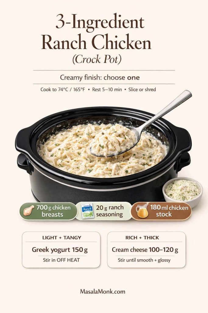 Vertical infographic titled “3-Ingredient Ranch Chicken (Crock Pot)” showing a slow cooker of shredded ranch chicken with the 3 ingredients: 700 g boneless skinless chicken breasts, 20 g ranch seasoning, and 180 ml chicken stock. Includes two creamy finish options: Greek yogurt 150 g (stir in off heat) or cream cheese 100–120 g (stir until smooth and glossy). Notes: cook to 74°C/165°F, rest 5–10 minutes, slice or shred.