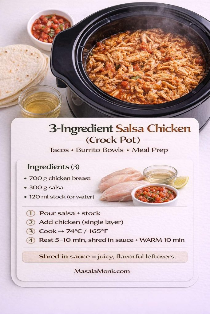 Vertical infographic for 3-ingredient salsa chicken in a crock pot showing shredded chicken in salsa inside a slow cooker with tortillas and salsa on the side. Text overlay lists: 700 g chicken breast, 300 g salsa, 120 ml stock (or water), plus steps to cook to 74°C / 165°F, rest 5–10 minutes, then shred in sauce and hold on WARM.