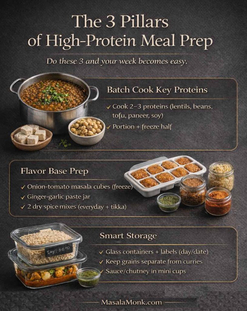 Infographic titled “The 3 Pillars of High-Protein Meal Prep” on a dark background. Three sections: 1) Batch Cook Key Proteins—cook 2–3 proteins (lentils, beans, tofu, paneer, soy), portion and freeze half; shown with a pot of lentils/beans, tofu cubes, and chickpeas. 2) Flavor Base Prep—onion-tomato masala cubes (freeze), ginger-garlic paste jar, two dry spice mixes; shown with ice-cube tray and spice jars. 3) Smart Storage—glass containers with labels, keep grains separate from curries, sauce/chutney in mini cups; shown with stacked glass meal prep containers and green chutney. Footer: MasalaMonk.com.