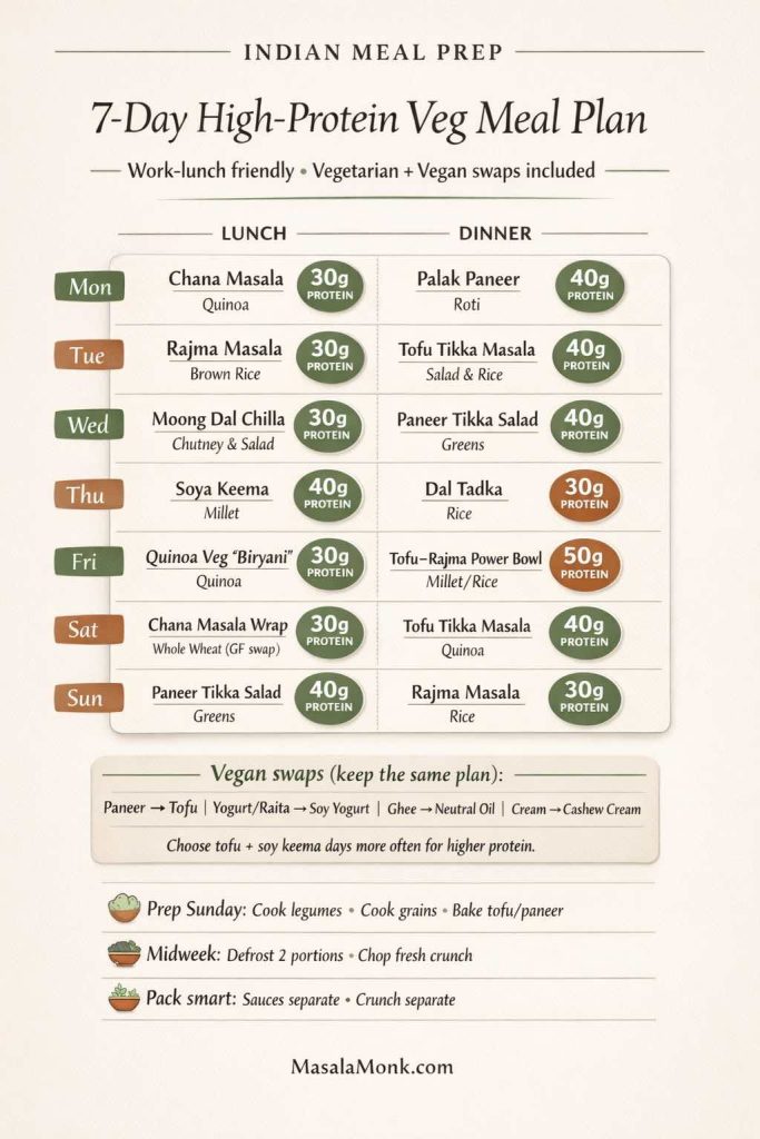 Infographic titled “Indian Meal Prep: 7-Day High-Protein Veg Meal Plan” showing lunch and dinner for Monday–Sunday with protein targets (30g, 40g, 50g). Meals include chana masala with quinoa, rajma masala with brown rice, moong dal chilla, soya keema with millet, quinoa veg biryani, palak paneer with roti, tofu tikka masala, paneer tikka salad, and tofu–rajma power bowl. Vegan swap notes and prep tips included. MasalaMonk.com in footer.