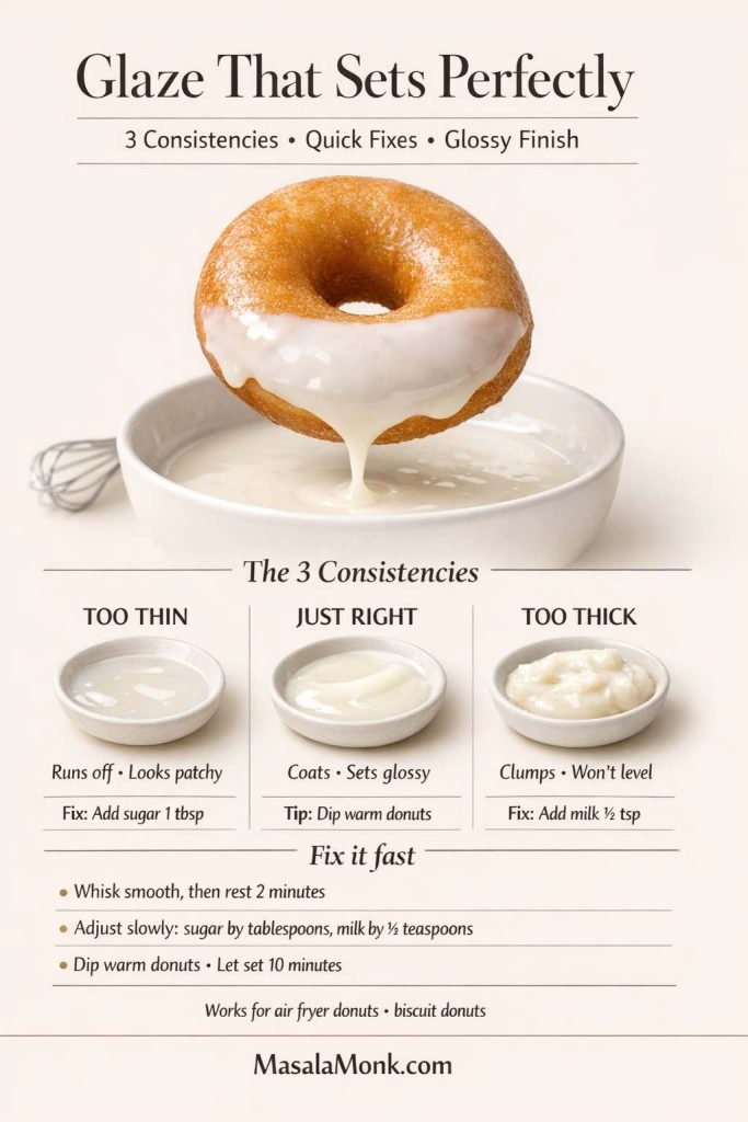Infographic titled “Glaze That Sets Perfectly” showing a donut being dipped in glaze and a 3-column guide for donut glaze consistency: too thin, just right, and too thick, with quick fixes for air fryer donuts and biscuit donuts.