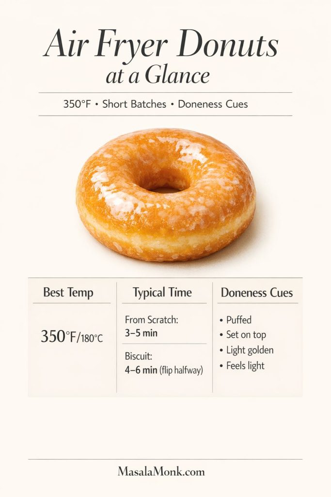 Infographic titled “Air Fryer Donuts at a Glance” showing a glazed donut and quick reference for donuts in the air fryer: best temp 350°F/180°C, typical time 3–5 minutes from scratch and 4–6 minutes for biscuit donuts, plus doneness cues like puffed, set on top, light golden, and feels light.