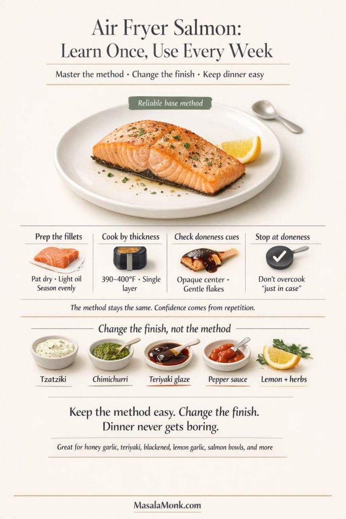 A final recap card for the post: learn one reliable air fryer salmon method, then keep dinner interesting by changing the finish. This visual sums up the core flow (prep, cook by thickness, check doneness, stop at doneness) and shows how the same base salmon can turn into totally different meals with tzatziki, chimichurri, teriyaki glaze, pepper sauce, or lemon and herbs. It’s the easiest way to make air fryer salmon part of a weekly rotation without getting repetitive. Save and share this guide for quick weeknight dinner inspiration.