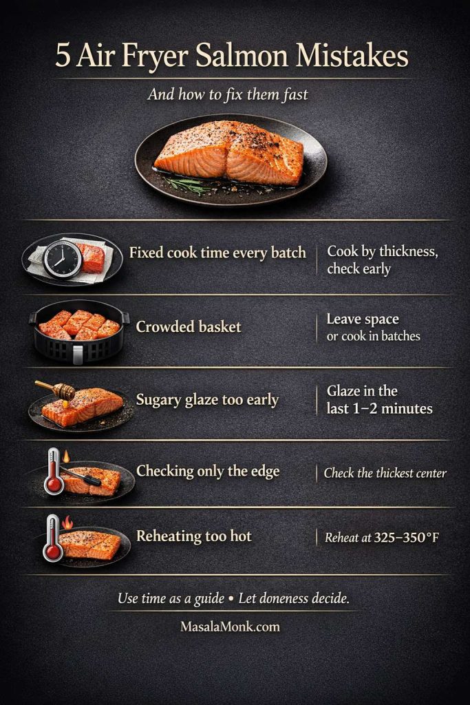 Air fryer salmon mistakes and fixes infographic showing five common problems and quick solutions: using a fixed cook time, crowding the basket, glazing too early, checking only the edge, and reheating too hot, with a cooked salmon hero image and troubleshooting tips.