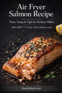Close-up cover image of a cooked air fryer salmon fillet with text overlay showing time and temperature tips for perfect salmon fillets, including 390–400°F and 7–11 minutes, for a salmon in air fryer recipe guide.