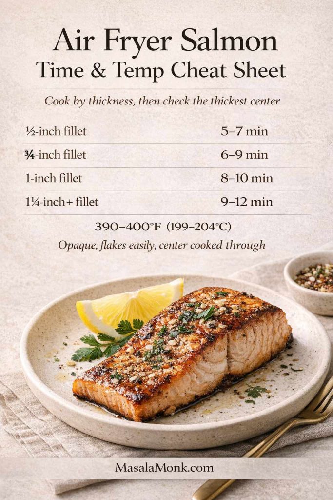 Air fryer salmon time and temp cheat sheet showing salmon cook times by fillet thickness, including 390–400°F (199–204°C), doneness cues, and a plated salmon fillet for a salmon in air fryer recipe guide.