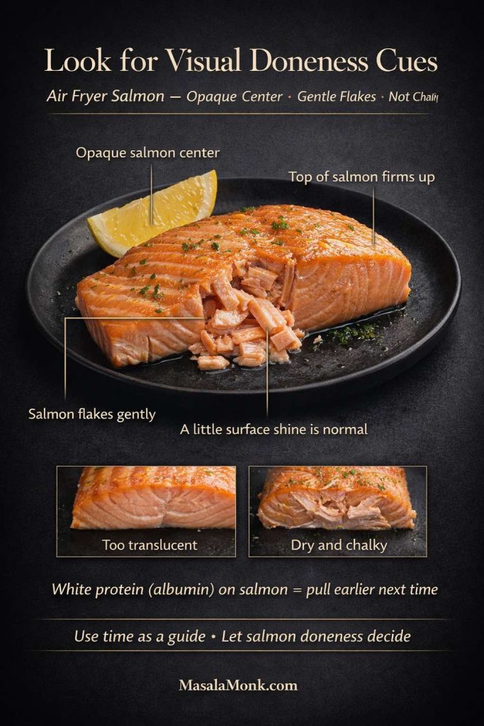 Use this air fryer salmon visual doneness guide to check salmon by sight before you overcook it. Look for an opaque center, gentle flakes, and a moist (not chalky) texture. This quick cue card also shows what underdone salmon (too translucent) and overcooked salmon (dry and chalky) look like, so you can cook with more confidence even when fillet thickness varies.