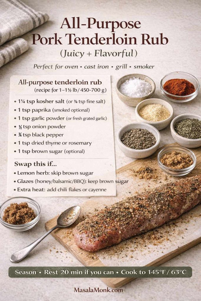 Recipe card for an all-purpose pork tenderloin rub with salt, paprika, garlic, herbs, and optional brown sugar, plus swap tips for lemon herb, glazes, and extra heat.