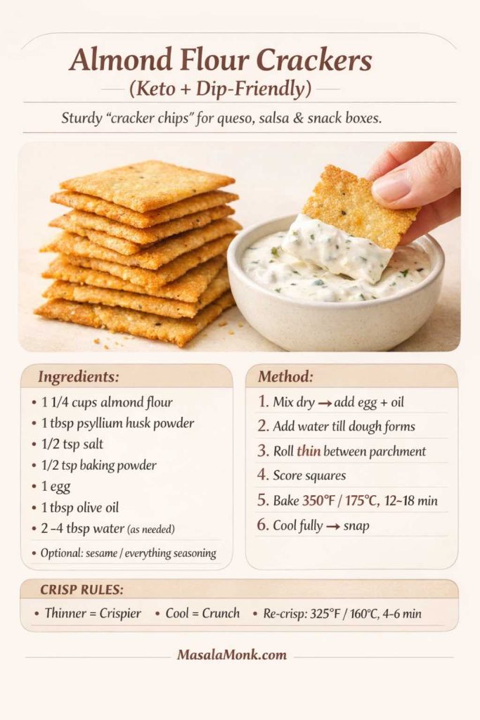 Almond flour crackers recipe card showing stacked golden keto crackers beside a bowl of creamy dip with one cracker being dipped. The card lists ingredients (almond flour, psyllium husk, salt, baking powder, egg, olive oil, water) and steps to roll thin, score, and bake at 350°F/175°C until crisp, then cool fully for a snap. MasalaMonk.com footer.