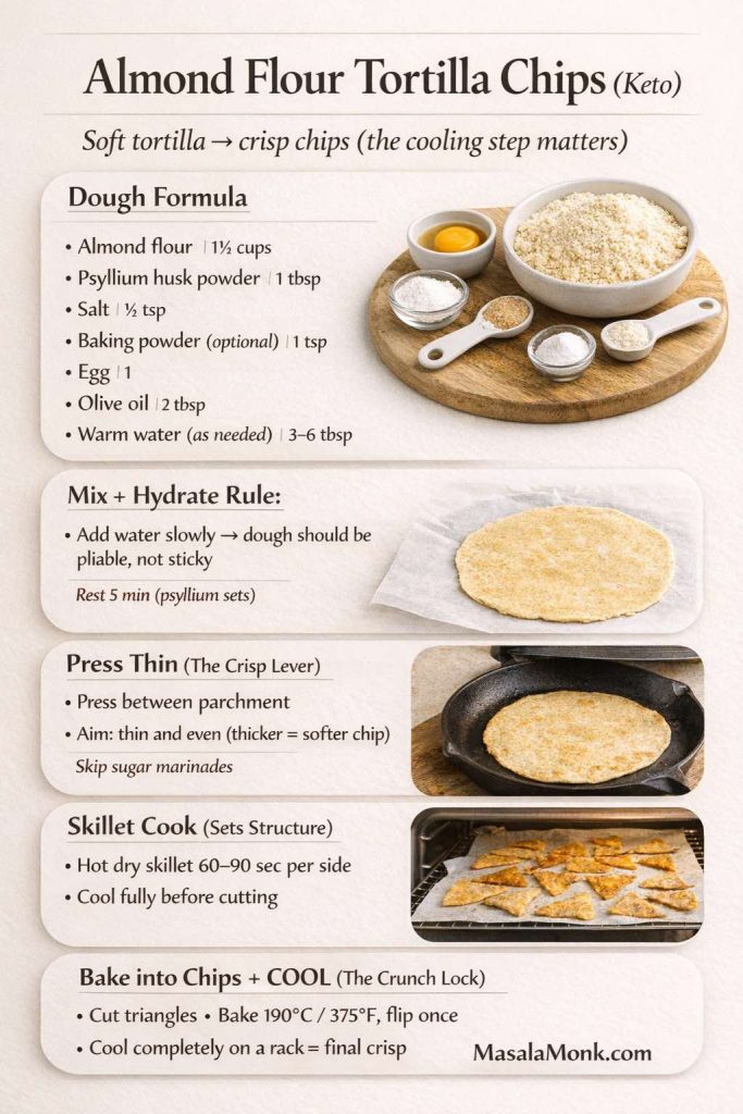 Step-by-step infographic for keto almond flour tortilla chips: dough formula with almond flour, psyllium husk, salt, optional baking powder, egg, olive oil, and warm water; hydrate and rest, press thin between parchment, cook tortillas on a hot dry skillet, cool fully, cut into triangles, bake at 190°C/375°F flipping once, then cool on a rack for final crunch. MasalaMonk.com.