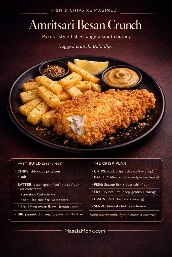 A dark, magazine-style recipe card titled “Amritsari Besan Crunch” showing a matte-black plate with pakora-style besan-crusted fried fish, thick-cut chips, a ramekin of tan tangy peanut chutney, a lemon wedge, and a small bowl of ajwain seeds. Text panels list “Fast Build (2 servings)” and “The Crisp Plan” steps for chips and frying.
