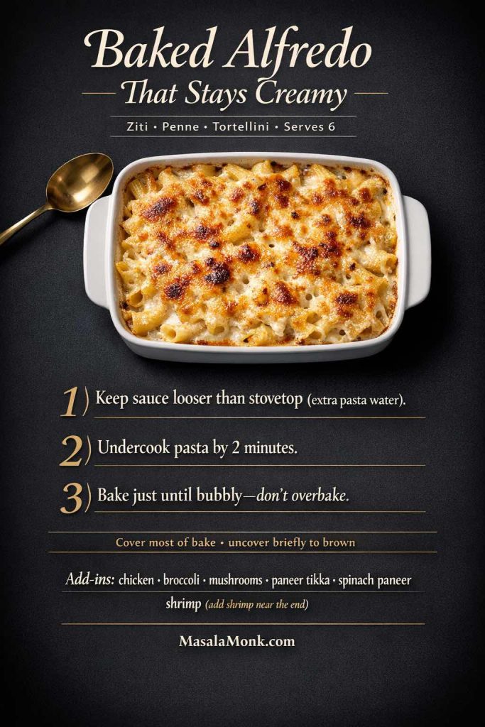 Dark luxe infographic showing how to make baked Alfredo pasta that stays creamy (not dry) for ziti, penne, or tortellini: keep sauce looser with extra pasta water, undercook pasta by 2 minutes, and bake only until bubbly; includes notes to cover most of the bake and uncover briefly to brown.