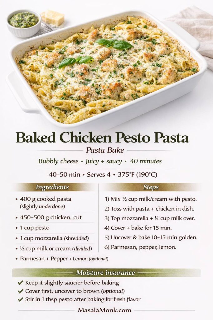 Baked chicken pesto pasta recipe card showing a white baking dish of pesto pasta with browned chicken, melted cheese, Parmesan, and basil, plus ingredients, oven temperature, bake time, step-by-step instructions, and “moisture insurance” tips to keep the pasta bake juicy and saucy.