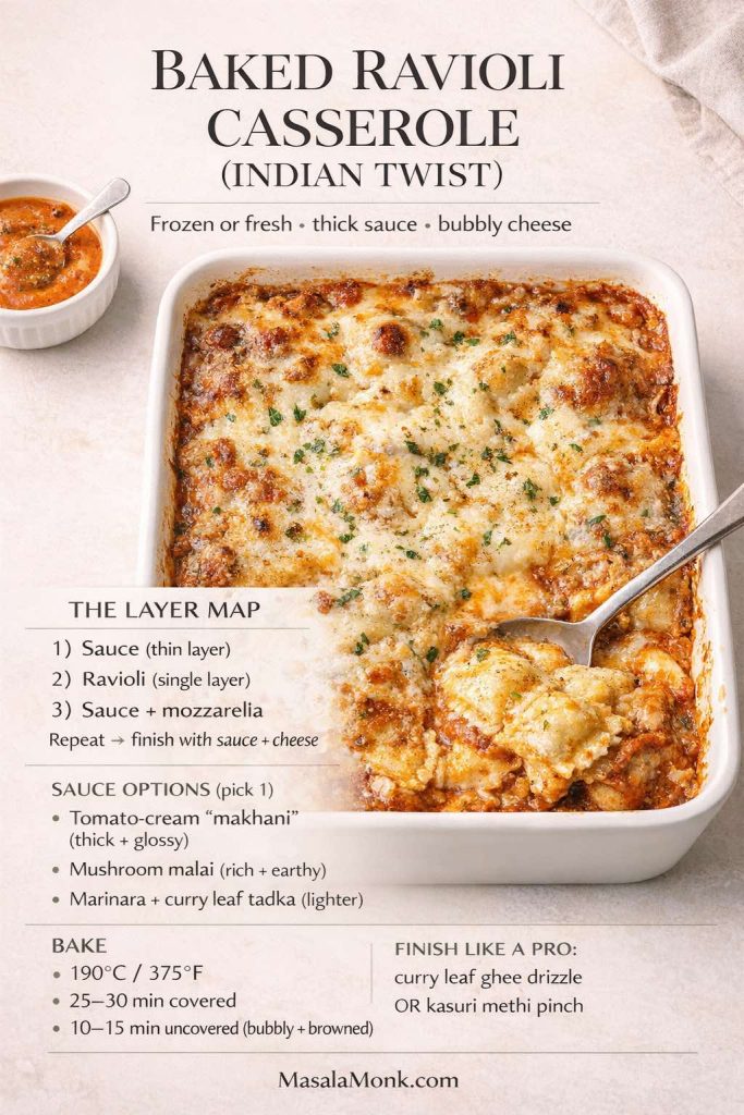 Baked ravioli casserole that tastes “restaurant” with almost zero effort. Use frozen or fresh ravioli, pick one thick sauce lane (tomato-cream makhani, mushroom malai, or marinara finished with curry leaf tadka), then layer: thin sauce → ravioli → sauce + mozzarella, repeat, and bake until bubbly + browned. The best part? A final finish—curry leaf ghee drizzle or a kasuri methi pinch—makes it taste intentional, not “just pasta bake.” Get the full ravioli sauce logic + variations (including seafood + squash lanes) on MasalaMonk.