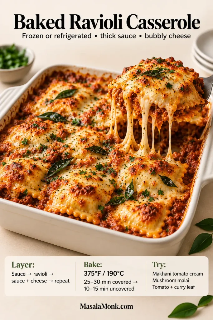 Baked ravioli casserole with thick tomato sauce, melted cheese and curry leaves, with a cheesy ravioli portion being lifted.