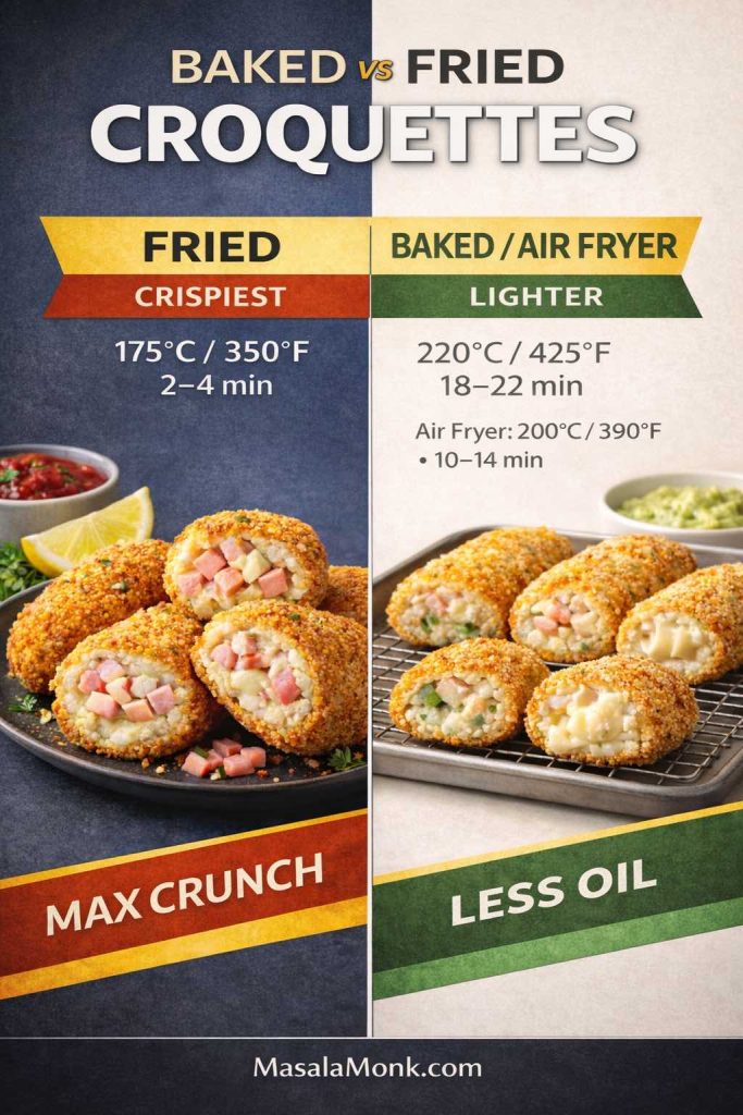 Split infographic comparing croquettes baked vs fried: left shows fried croquettes with 175°C/350°F cook time 2–4 minutes and “Max Crunch,” right shows baked/air fryer croquettes with 220°C/425°F 18–22 minutes plus air fryer 200°C/390°F 10–14 minutes and “Less Oil,” with MasalaMonk.com in the footer.
