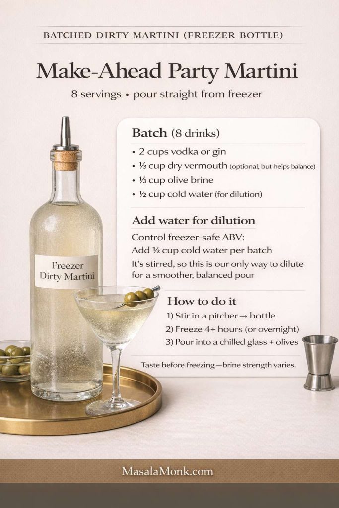 Vertical infographic titled “Batched Dirty Martini (Freezer Bottle)” with headline “Make-Ahead Party Martini” and subtitle “8 servings • pour straight from freezer.” It shows a clear bottle labeled “Freezer Dirty Martini,” a martini glass with green olives, and a small jigger on a warm-cream background. Text includes batch amounts: 2 cups vodka or gin, ⅓ cup dry vermouth (optional), ⅓ cup olive brine, ½ cup cold water for dilution. Steps: stir in a pitcher, bottle, freeze 4+ hours, pour into chilled glass and garnish. Tip: taste before freezing; brine strength varies. Footer: MasalaMonk.com.