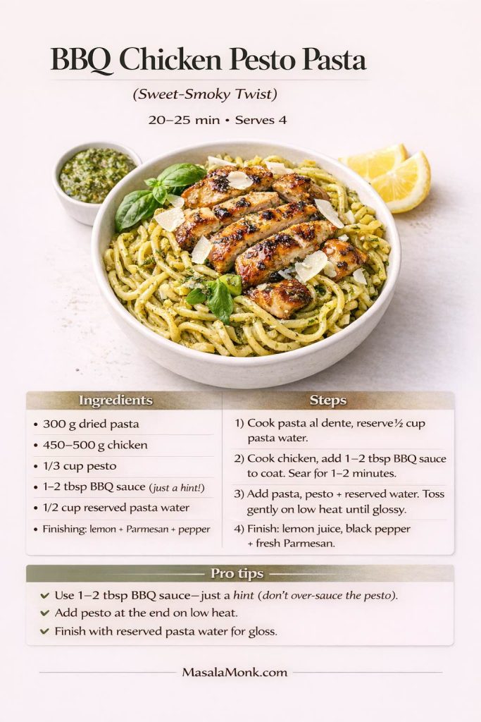 BBQ chicken pesto pasta recipe card showing a bowl of pesto-coated noodles topped with BBQ-glazed chicken, basil, Parmesan, a pesto ramekin, and lemon wedges. The card lists ingredients, 4 quick steps, and pro tips to use only 1–2 tablespoons BBQ sauce, add pesto at the end on low heat, and use reserved pasta water for a glossy sauce.