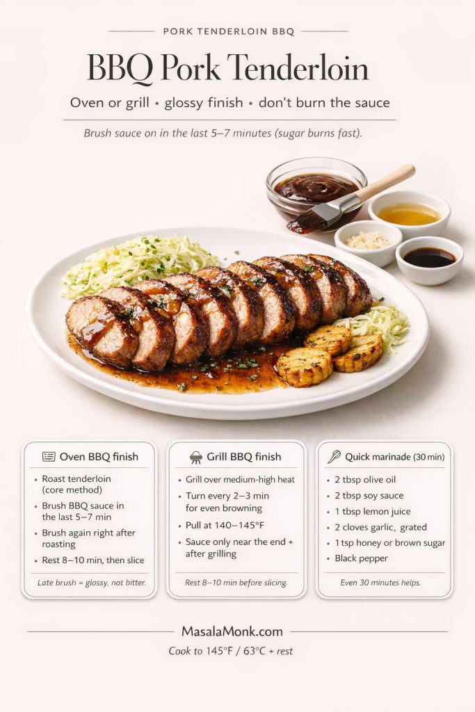 BBQ pork tenderloin sliced into medallions with glossy barbecue sauce on a white plate, plus slaw and grilled corn; text shows oven and grill BBQ finish steps, quick 30-minute marinade, and a reminder to brush sauce in the last 5–7 minutes and cook to 145°F/63°C with rest.
