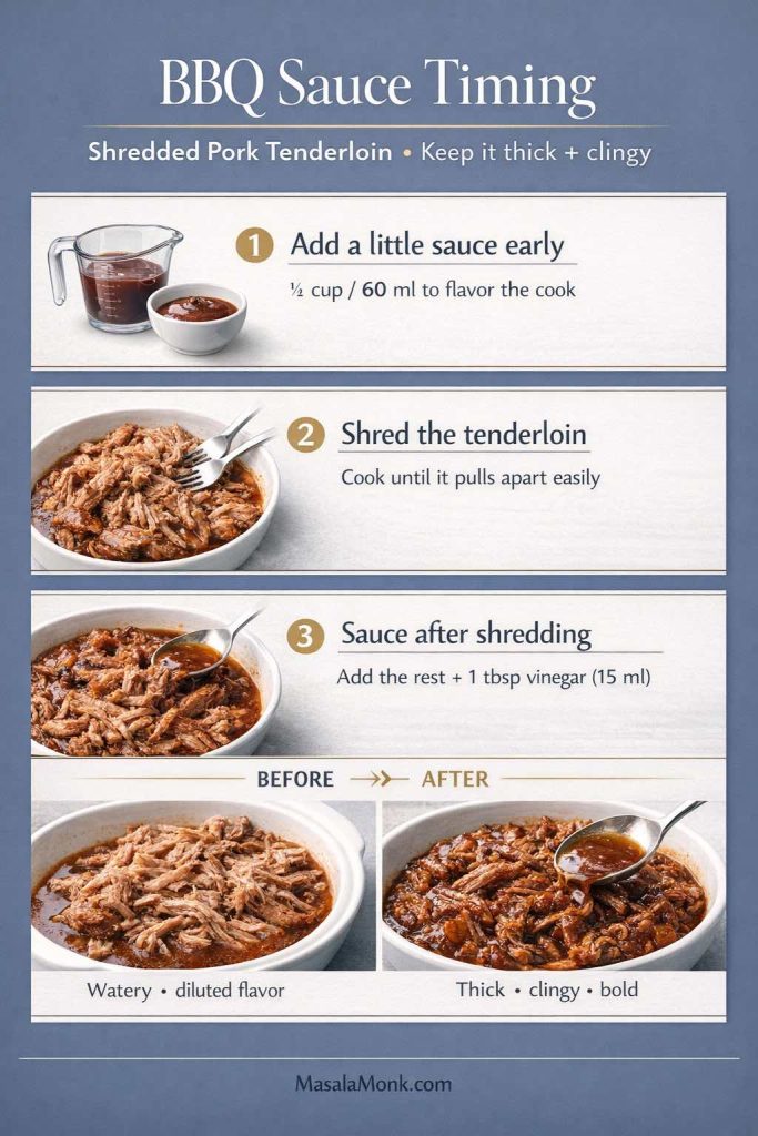 Infographic titled “BBQ Sauce Timing” for shredded slow cooker pork tenderloin, showing three steps: add a little sauce early (¼ cup / 60 ml), shred the tenderloin, then add the remaining sauce plus 1 tbsp vinegar (15 ml), with a before-and-after comparison of watery sauce versus thick, clingy BBQ sauce and MasalaMonk.com in the footer.