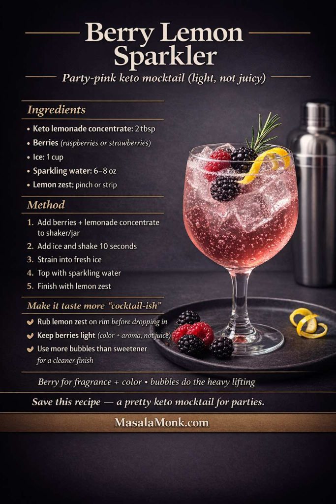 Dark luxe recipe-card infographic for a Berry Lemon Sparkler keto mocktail, showing a pink sparkling drink in a stemmed glass with berries, lemon zest, and ice, plus ingredients, method, and tips for a light low carb sugar free party mocktail.