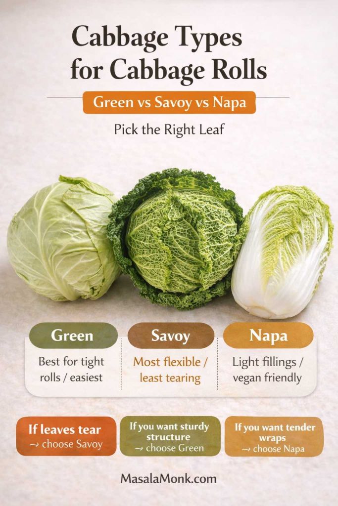 Infographic titled “Cabbage Types for Cabbage Rolls: Green vs Savoy vs Napa.” Three photos show green cabbage, savoy cabbage, and napa cabbage. Labels say: Green—best for tight rolls and easiest; Savoy—most flexible and least tearing; Napa—best for light fillings and vegan friendly. Bottom tips say: if leaves tear choose Savoy; for sturdy structure choose Green; for tender wraps choose Napa. MasalaMonk.com at bottom.