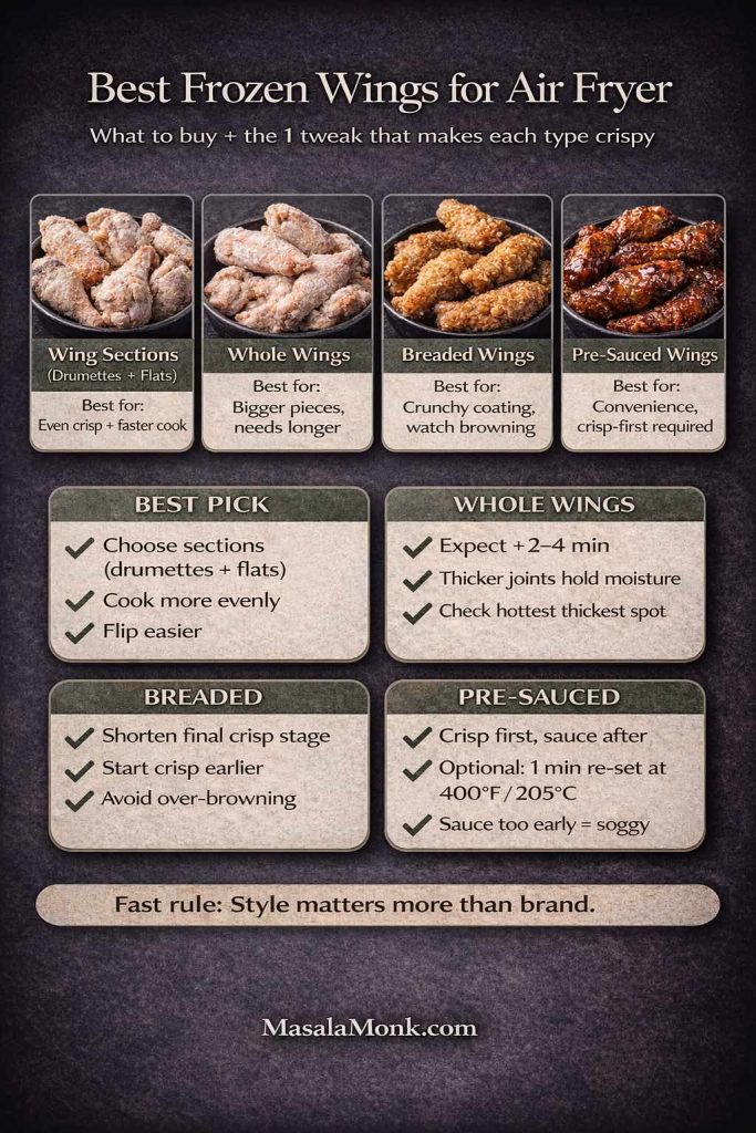 Vertical infographic titled “Best Frozen Wings for Air Fryer” showing four frozen wing types—wing sections (drumettes + flats), whole wings, breaded wings, and pre-sauced wings—with what each is best for. Notes: sections cook evenly and flip easier; whole wings may need +2–4 minutes and thicker joints hold moisture; breaded wings brown fast so shorten the final crisp stage; pre-sauced wings should be crisped first, sauced after, with an optional 1-minute reset at 400°F / 205°C. Footer: MasalaMonk.com.