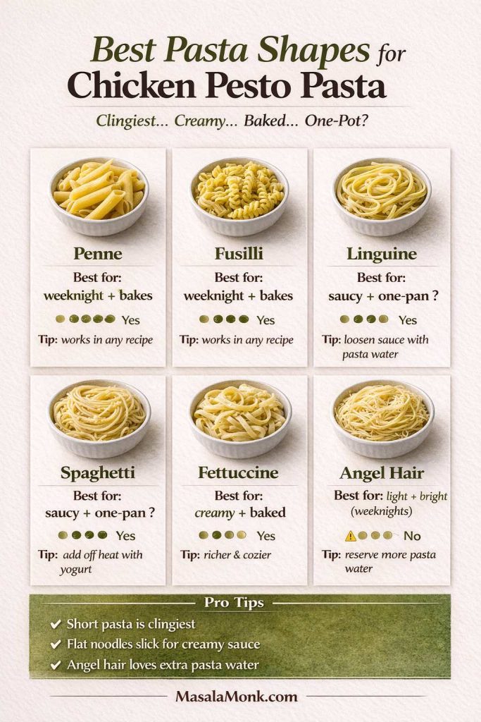 Infographic titled “Best Pasta Shapes for Chicken Pesto Pasta” showing six options—penne, fusilli, linguine, spaghetti, fettuccine, and angel hair—with notes on which is best for weeknights, creamy sauce, baked pasta, or one-pot methods, plus quick tips for sauce cling and using extra pasta water.