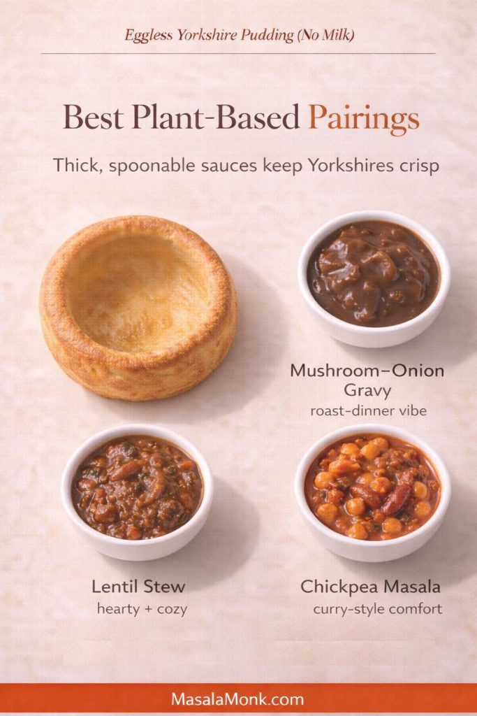 Infographic titled “Best Plant-Based Pairings” for eggless Yorkshire pudding (no milk), showing one plain Yorkshire pudding beside three bowls labeled mushroom–onion gravy, lentil stew, and chickpea masala, with the note “Thick, spoonable sauces keep Yorkshires crisp” and MasalaMonk.com in the footer.
