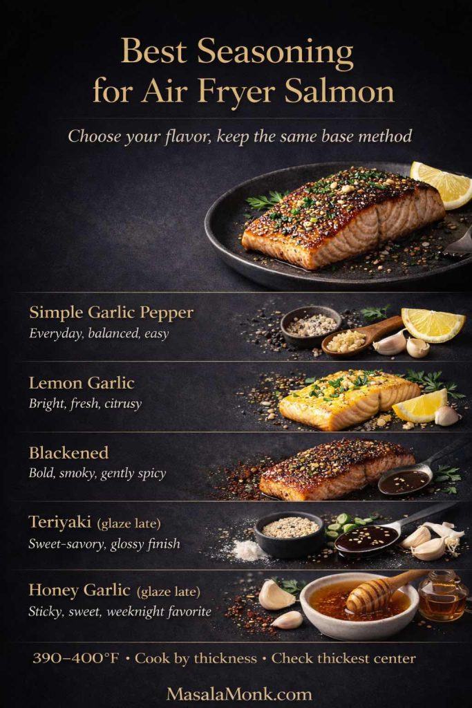 Best seasoning for air fryer salmon guide showing flavor variations including simple garlic pepper, lemon garlic, blackened, teriyaki, and honey garlic, with a cooked salmon hero image and cooking method cue.