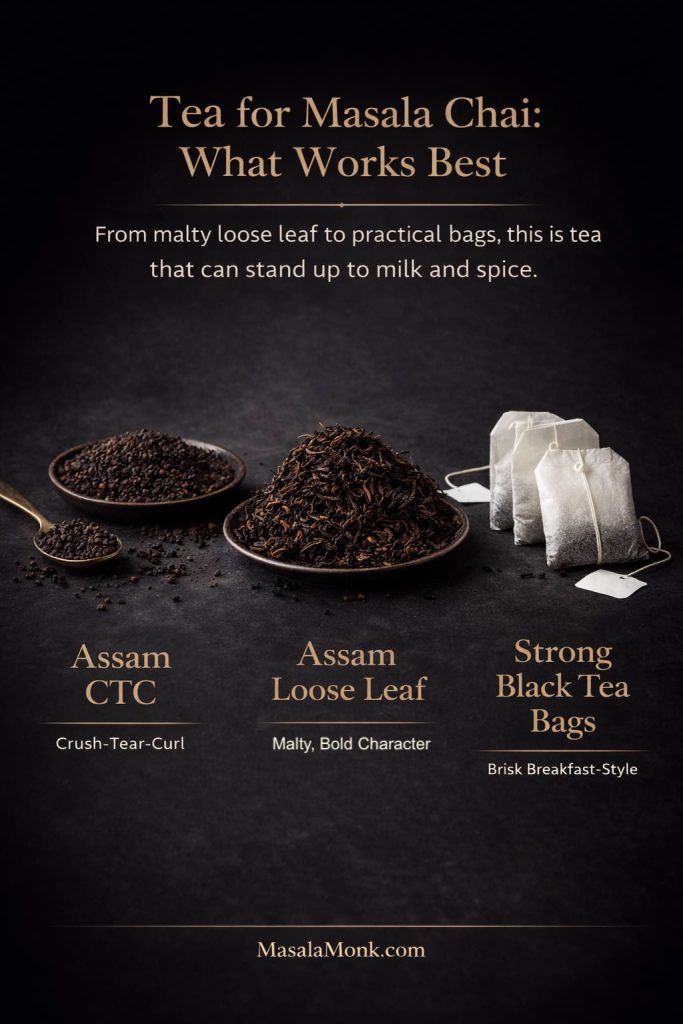 Dark luxe masala chai tea guide image comparing the best tea for masala chai: Assam CTC, Assam loose leaf, and strong black tea bags, with labeled tea visuals on a charcoal background and MasalaMonk.com footer.