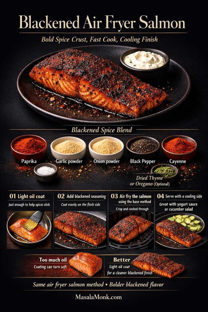 Blackened air fryer salmon infographic showing a spice-crusted salmon fillet, blackened seasoning ingredients, light oil coating step, and a cooling side pairing, with tips for getting a bold crust without making the spice coating soft.