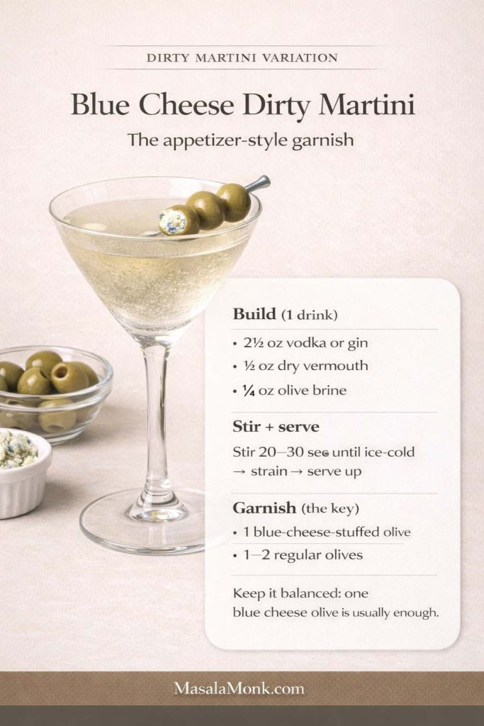 Vertical recipe-card infographic titled “Blue Cheese Dirty Martini” with subtitle “The appetizer-style garnish.” A chilled dirty martini sits in a clear martini glass on a warm-cream background, garnished with three green olives on a pick; one olive is blue-cheese-stuffed. A side bowl of green olives and a small ramekin of crumbled blue cheese appear nearby. Text lists the build: 2½ oz vodka or gin, ½ oz dry vermouth, ½ oz olive brine; stir 20–30 seconds until ice-cold, strain, serve up; garnish with 1 blue-cheese-stuffed olive plus 1–2 regular olives. Footer reads MasalaMonk.com.
