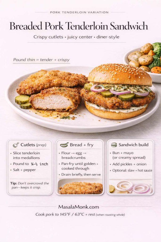 Breaded pork tenderloin sandwich guide with crispy cutlet photo and steps: slice tenderloin into medallions, pound thin, flour–egg–breadcrumbs, pan-fry until golden, then build sandwich with bun, mayo, pickles, and onion; MasalaMonk.com branding.