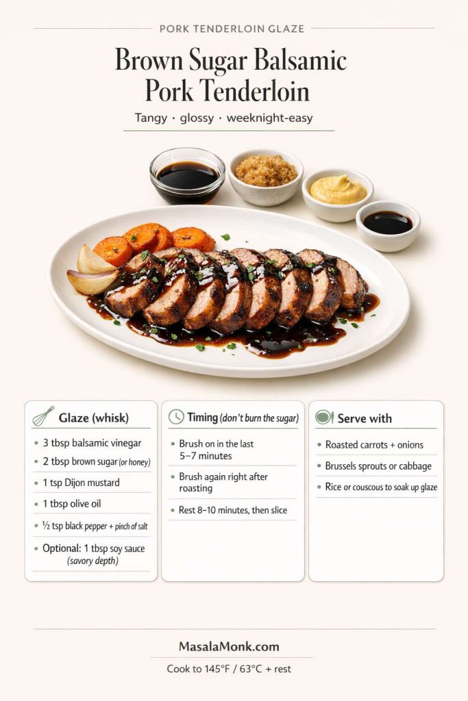 Recipe card for brown sugar balsamic pork tenderloin with sliced medallions, glaze ingredients, timing to brush in the last 5–7 minutes, and serving ideas like carrots, onions, and rice.
