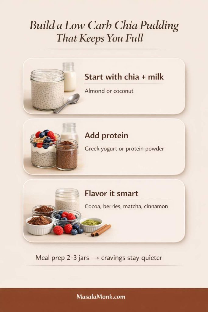 Three-step infographic showing how to build a low carb chia pudding that keeps you full. Step 1: start with chia + milk (almond or coconut). Step 2: add protein (Greek yogurt or protein powder). Step 3: flavor it smart (cocoa, berries, matcha, cinnamon). Includes note “Meal prep 2–3 jars → cravings stay quieter” and MasalaMonk.com in the footer.