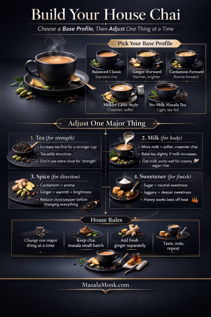 Dark-luxe editorial infographic titled “Build Your House Chai” with a large steaming cup of masala chai, a base profile selector (Balanced Classic, Ginger-Forward, Cardamom Forward, Milkier Latte-Style, and No-Milk Masala Tea), and a customization guide for tea strength, milk body, spice direction, and sweetener finish. Includes a “House Rules” strip and MasalaMonk.com footer branding.
