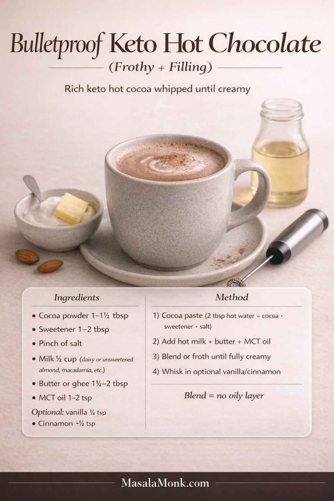 Photoreal recipe card for bulletproof keto hot chocolate showing a frothy mug of hot cocoa with butter, a small bottle of MCT oil, and a frother, plus ingredients and steps for a creamy low carb hot drink that blends smooth with no oily layer.