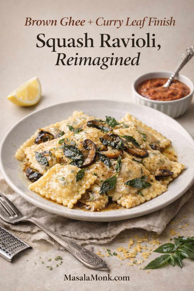 Plated butternut squash ravioli in glossy brown ghee with curry leaves, with a small ramekin of tomato-cream sauce, lemon wedge, and microplane; text overlay reads “Brown Ghee + Curry Leaf Finish” and “Squash Ravioli, Reimagined,” with MasalaMonk.com footer.
