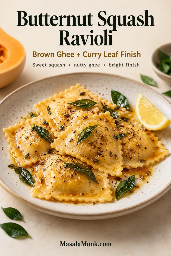 Butternut squash ravioli finished with nutty ghee, curry leaves, cumin, black pepper and lemon.
