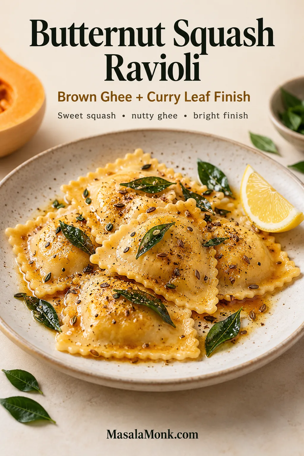 Butternut squash ravioli finished with nutty ghee, curry leaves, cumin, black pepper and lemon.