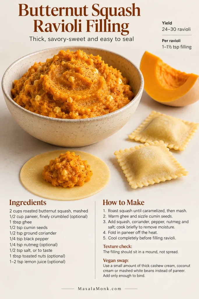 Butternut squash ravioli filling guide showing thick mashed squash, an open ravioli wrapper, finished ravioli and filling quantities.