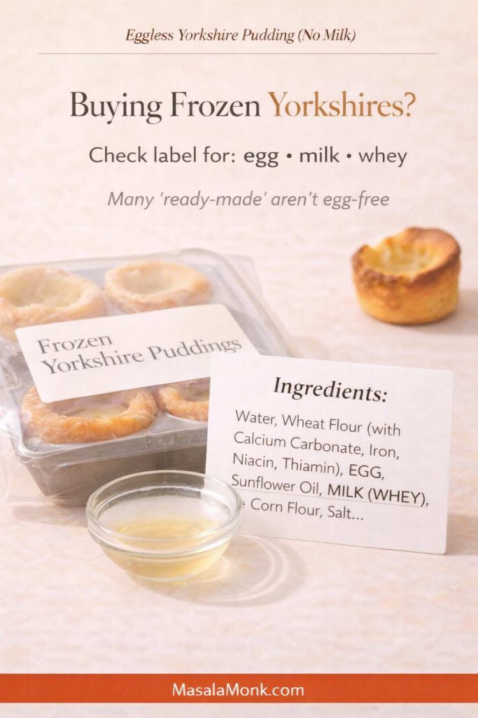 Pinterest-style graphic for eggless Yorkshire pudding (no milk) showing a frozen Yorkshire puddings pack and an ingredient label card highlighting “EGG” and “MILK (WHEY),” with text advising to check labels for egg, milk, and whey; MasalaMonk.com in the footer.