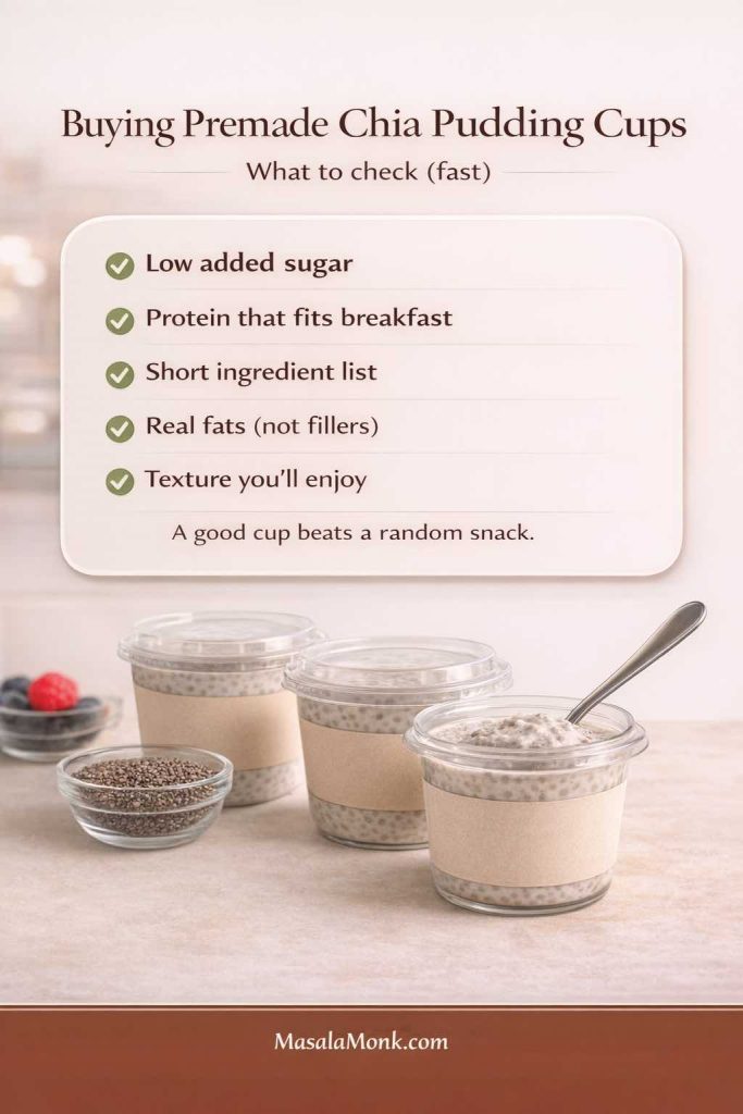 Infographic titled “Buying Premade Chia Pudding Cups” with a checklist: low added sugar, protein that fits breakfast, short ingredient list, real fats (not fillers), and texture you’ll enjoy. Photoreal scene shows unbranded chia pudding cups on a smooth counter with a spoon and a small bowl of chia seeds, plus the line “A good cup beats a random snack” and MasalaMonk.com in the footer.